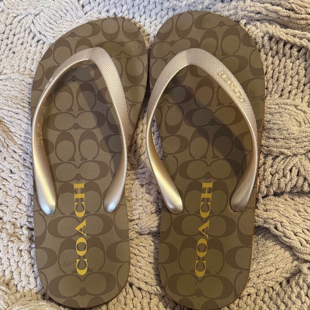 Coach Signature Tan and Gold Patterned Flip Flops - Picture 8 of 14